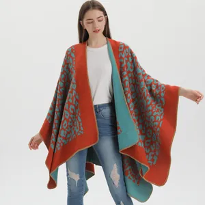 Women's Leopard Print Imitation Cashmere Shawl Wrap Split Front Poncho Cape With Whipstitch Edge Winter Warm Scarf