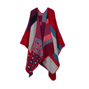 Ethnic knit shawl wrap with red and navy patchwork, leopard print and stripes