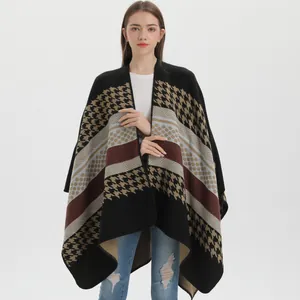 Châle Poncho Vintage à Rayures Pied-de-poule pour Femmes Tricot en Imitation Cachemire Fendu Ouvert sur le Devant Cape d'Hiver