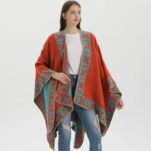 Women's split knit poncho in orange and blue geometric pattern ethnic style wrap