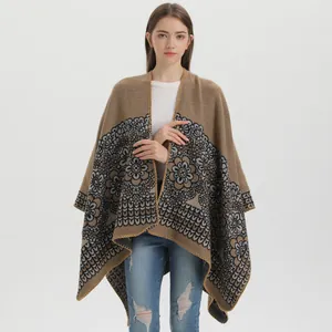 Ethnic style knitted floral poncho cape in khaki with split front and yellow stitching