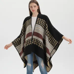 Châle poncho rétro pour femme à motif pied-de-poule, cape à rayures chaude pour l'hiver