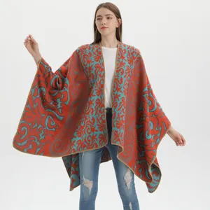 Vintage Ethnic Flame Auspicious Cloud Jacquard Poncho Shawl For Women Faux Cashmere Warm Split Wrap Cardigan Cape Top