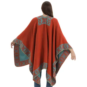 Women's vintage red thick cashmere poncho shawl with ethnic geometric patterns
