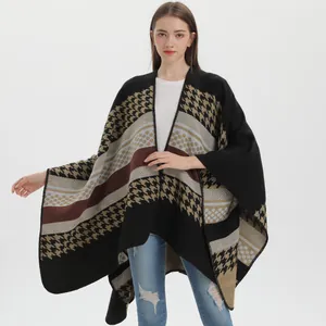 Poncho vintage à motif pied-de-poule et rayures pour la mode automne hiver pour femmes