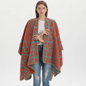 Vintage floral knit shawl cape in contrast orange and blue-green with open front design
