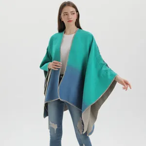 Fashionable green-blue gradient knitted shawl poncho with ethnic style for women