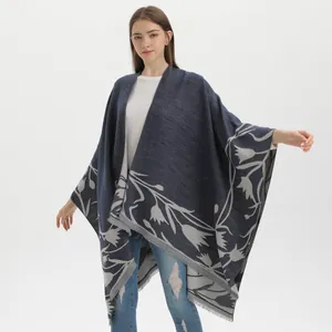 Navy blue reversible split shawl with grey floral patterns and tassel fringe detail