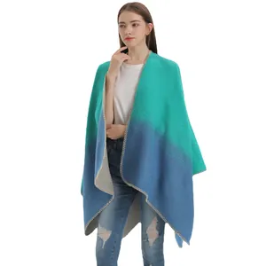 Stylish gradient knit shawl wrap in green and blue for women's autumn travel fashion