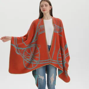 Orange and blue knitted shawl cape with classical jacquard pattern for women