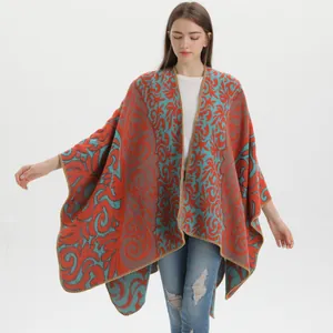 Women's knit shawl poncho with vintage flame cloud pattern and split cardigan design
