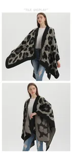 Front and side view of leopard print knit poncho shawl with open front design