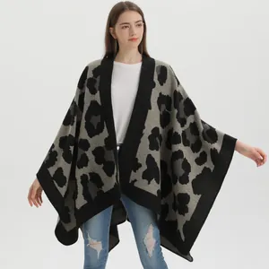 Women Leopard Print Oversized Shawl Scarf Poncho Imitation Cashmere Split Front Thick Warm Winter Wrap Catwalk Cape