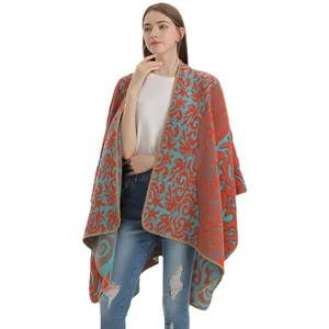 Women vintage orange and blue jacquard knit shawl cape with fringe detailing