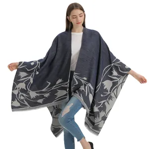 Retro reversible floral shawl in navy blue with grey tassels and cashmere feel
