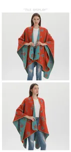 Close-up of bright orange and turquoise knitted poncho with star and dot jacquard patterns