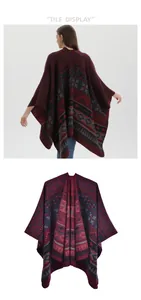 Detail of bohemian knit shawl featuring red and navy geometric diamond patterns