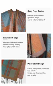 Detail of plaid knit poncho featuring tassel fringe and reinforced edge stitching