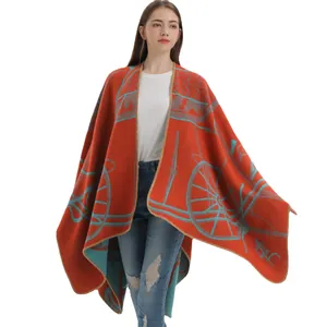 Women's warm winter shawl wrap with orange and blue carriage pattern knit details