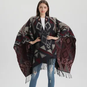 Poncho Châle Femme Motif Géométrique Bohème Imitation Cachemire Épaissi Avec Franges Rétro Tribal Enveloppe Ouverte Devant