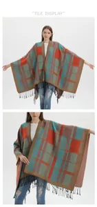 Detail of classic plaid shawl with long black tassels and oversized knit check pattern