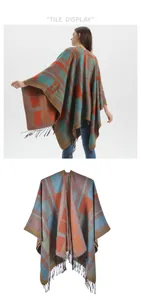 Close-up of thick checkered knit shawl with fringe detail and contrast plaid pattern