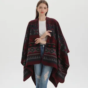 Bohemian geometric knit shawl poncho in deep red and navy blue for autumn winter fashion