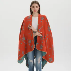 Knitted star pattern cape shawl in vibrant orange and navy blue with split hem