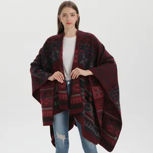 Vintage bohemian knitted poncho wrap with tribal geometric patterns in red and grey
