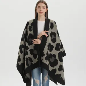Women's leopard print knit poncho cloak shawl in dark grey with cashmere-like texture