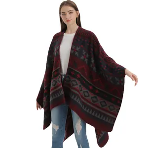Bohemian knit shawl with ethnic geometric patterns in burgundy, navy, and dark grey