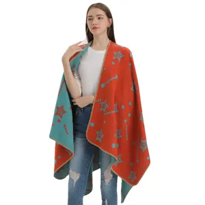 Knitted double-sided star pattern shawl in orange and blue with split design