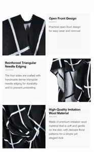 Detail of plaid cashmere-like poncho with split front and triangular needle stitching