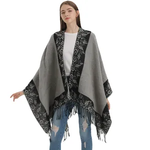 Women's split knit poncho with retro floral embroidery and fringe trim in grey