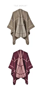 Flat display of plaid knitted ponchos in coffee and wine red showing fine seam details