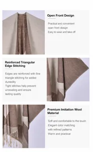 Detail view of the open front design and triangle stitching on the cashmere shawl