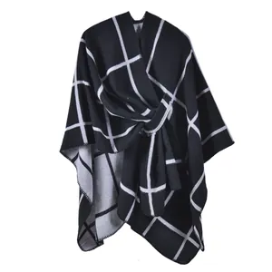 Women's Plaid Poncho Shawl With Belt Warm Cashmere Like Acrylic Polyester Split Cardigan Casual Winter Wrap Cape