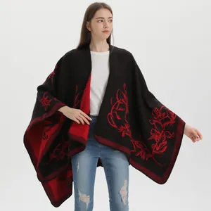 Poncho Scialle in Simil-Cashmere Jacquard da Donna Elegante Motivo Floreale Aperto Davanti Ispessito Invernale Caldo Scialle per Accessori Donna