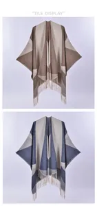 Detailed tile display of geometric shawl with tassels in brown and blue cashmere-like fabric