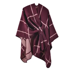 Classic burgundy checkered knit shawl wrap with tie detail for winter warmth