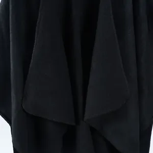Detailed close-up of premium black wool blend fabric and professional stitching on shawl