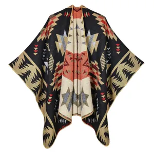 Ethnic knit poncho with geometric tribal patterns for autumn and winter outdoor wear