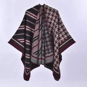 Damen Vintage Hahnentritt Poncho Schal Verdickte Kaschmir-Imitat Strickschal Umhang Vorne Offener Cardigan Mantel Für Den Winter