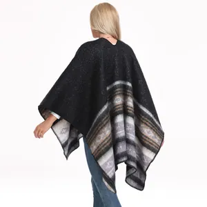 Vintage Damen-Poncho-Schal aus Kaschmir-Imitat mit geometrischen Mustern und Fransenrand