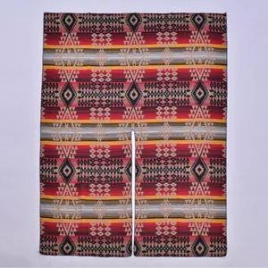 Macro detail of geometric bohemian patterns on a warm double-sided woven shawl