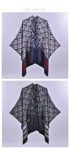 Detail view of double-sided knit shawls featuring chevron patterns and striped edges