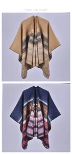 Details des dicken Kaschmir-Imitat-Stoffs und der geometrischen Vintage-Muster auf dem Poncho