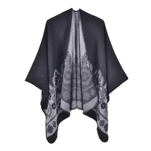 Châle poncho noir pour femme avec motif floral en jacquard et toucher cachemire