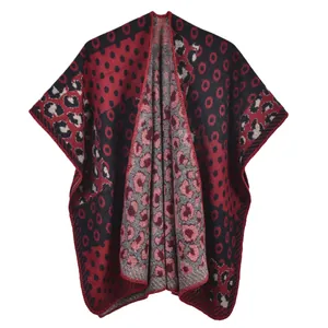 Châle poncho oversize pour femme avec motif léopard et pois tricoté rouge et noir