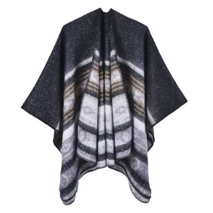 Dicker Vintage Kaschmir-Poncho mit geometrischen Streifen in neutralen Grautönen für Damen